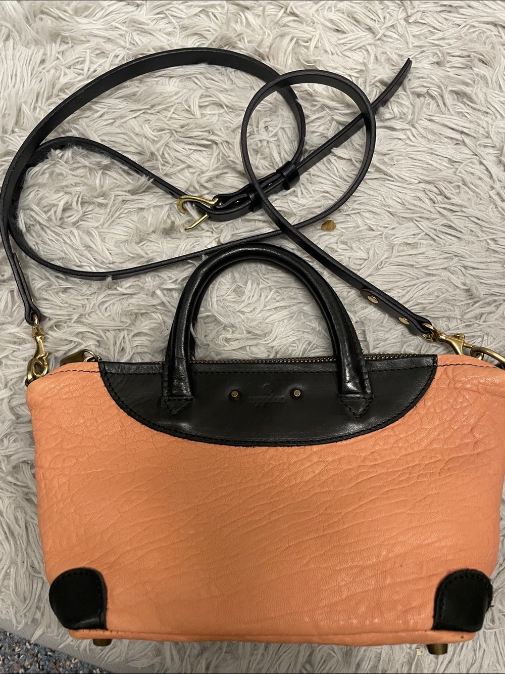 Uppdoo salmon/black leather studded top handle purse with detachable crossbody